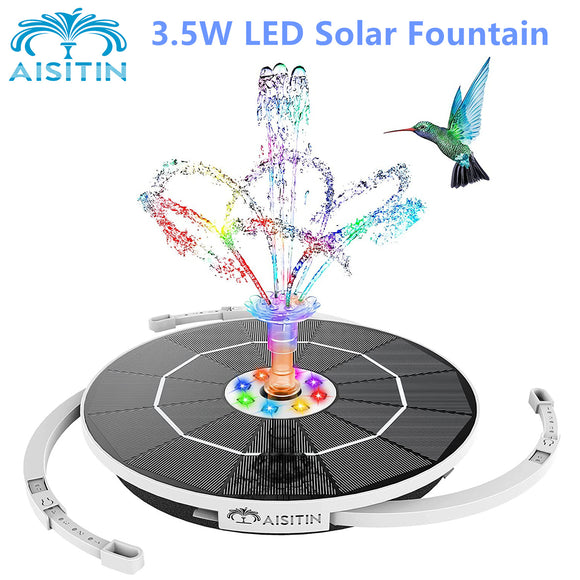 AISITIN 3.5W LED Solar Fountain for Birdbath, Solar Water Fountains with 3000mAh Battery 6 Nozzles, Solar Powered Fountain Pump